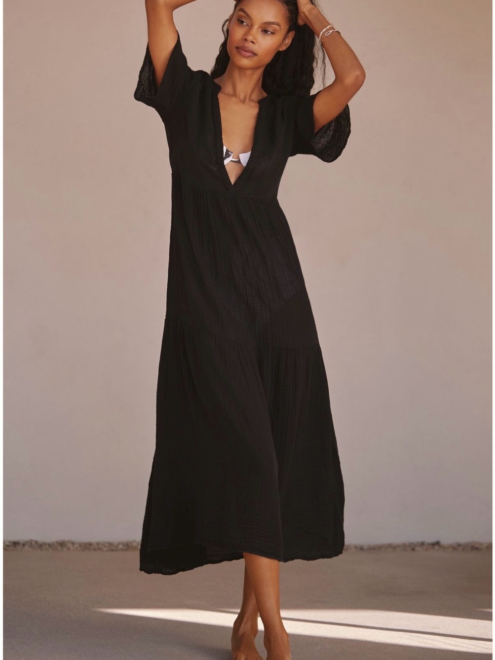 Anthropologie Kallie Black Textured Tiered V-Neck Gauze Maxi Dress - Picture 3 of 3